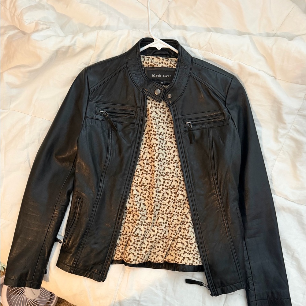 Black Rivet Women's Black Leather Jacket with Patterned Lining